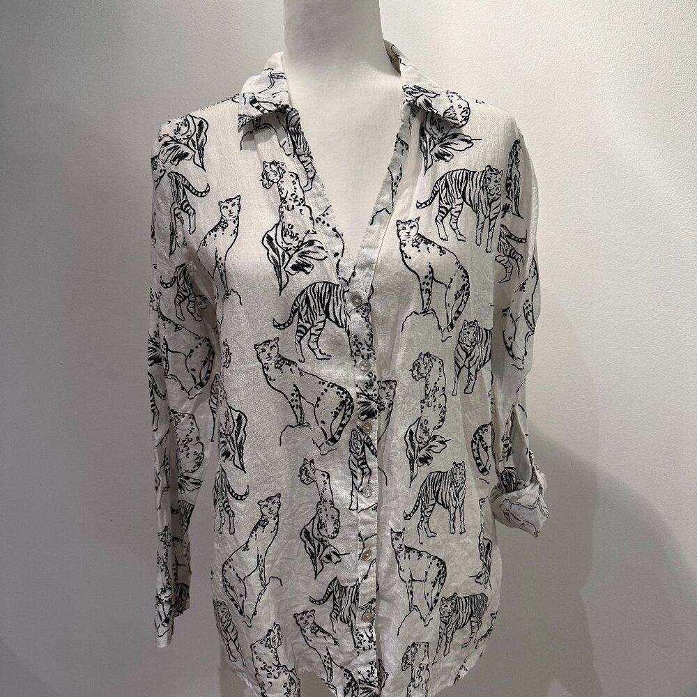 Animal Print Long Sleeved Linen Woman's Shirt  Size M